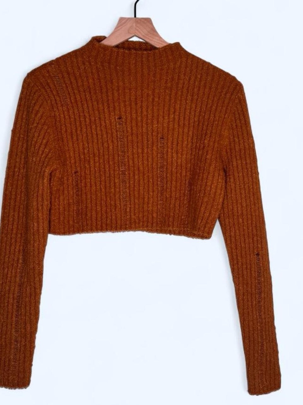 Cropped Ribbed Mock-Neck Sweater - Rust